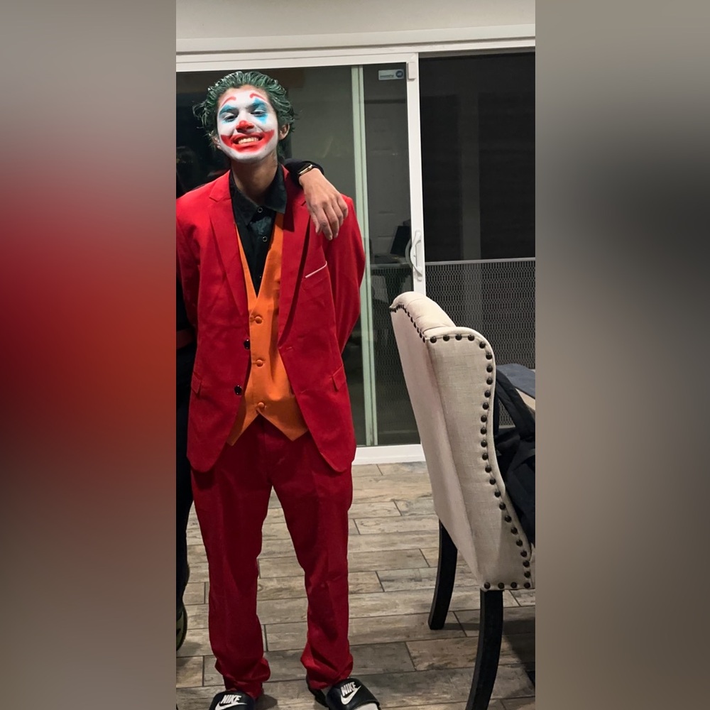 Joker Halloween Costume – Red Suit, Orange Vest & Green Shirt (Medium)
